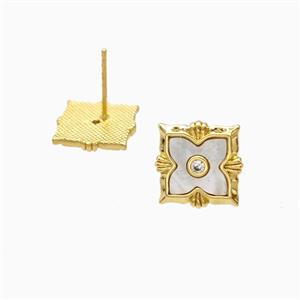 Copper Clover Stud Earrings Pave Shell 18K Gold Plated, approx 11-15mm