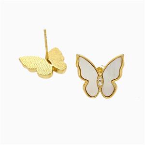 Copper Butterfly Stud Earrings Pave Shell 18K Gold Plated, approx 15mm