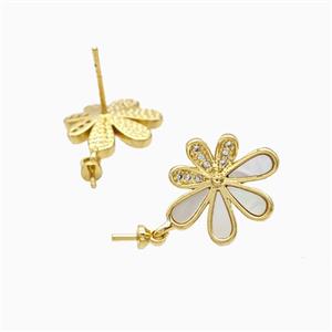 Copper Flower Stud Earrings Pave Zirconia Shell 18K Gold Plated, approx 13-15mm