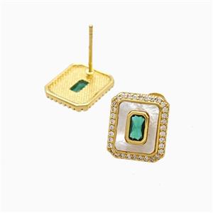 Copper Rectangle Stud Earrings Pave Zirconia Shell 18K Gold Plated, approx 11-13mm