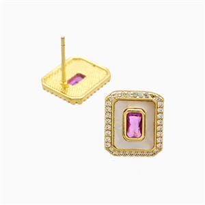Copper Rectangle Stud Earrings Pave Zirconia Shell 18K Gold Plated, approx 11-13mm