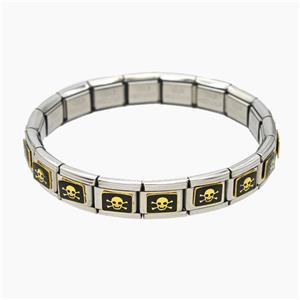 Raw Stainless Steel Module Bracelet With Skull Enamel, approx 9-10mm, 17cm length