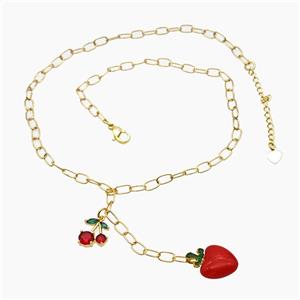 Copper Cherry Necklace Pave Zirconia Strawberry Red Pearlized Resin Gold Plated, approx 10-12mm, 15-20mm, 45cm length