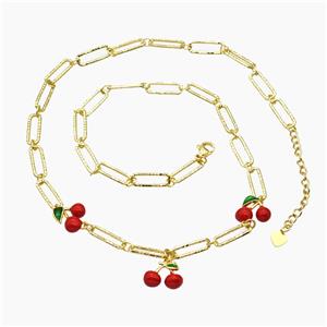 Copper Cherry Necklace Red Enamel Gold Plated, approx 10-12mm, 6-15mm, 48-53cm length
