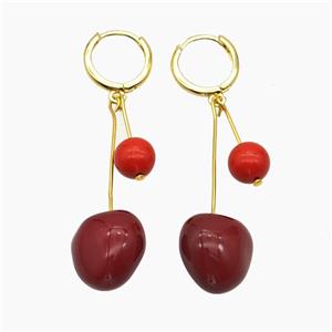 Copper Hoop Earrings Pave Red Pearlized Resin Gold Plated, approx 7mm, 15mm, 13mm dia