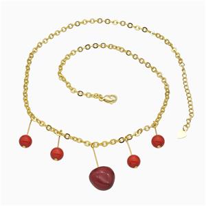 Copper Necklace With Red Pearlized Resin Gold Plated, approx 7mm, 15mm, 43-48cm length