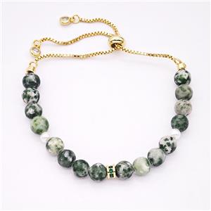 Green Dalmatian Jasper Bracelet Adjustable Copper Gold Plated, approx 6mm