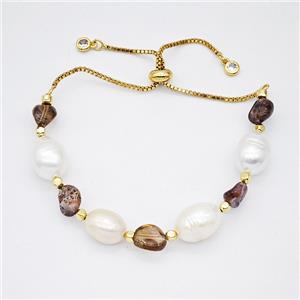 Pearl And Gemstone Bracelet Adjustable Copper Gold Plated, approx 10-12mm
