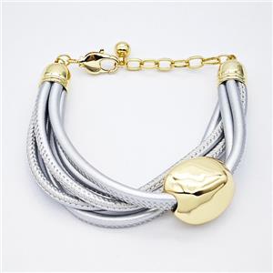 Silver PU Leather Bracelet With Copper Beads Gold Plated, approx 20-21mm, 3mm