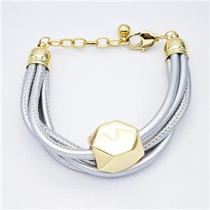 Silver PU Leather Bracelet With Copper Beads Gold Plated, approx 18-20mm, 3mm