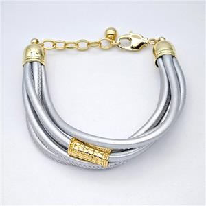 Silver PU Leather Bracelet With Copper Beads Gold Plated, approx 7-17mm, 3mm