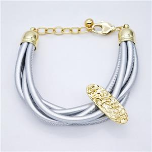 Silver PU Leather Bracelet With Copper Beads Gold Plated, approx 10-30mm, 3mm