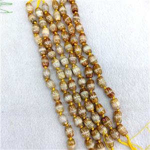 Natural Tibetan Agate Barrel Beads Yellow Dye, approx 9-13mm, 13pcs per st