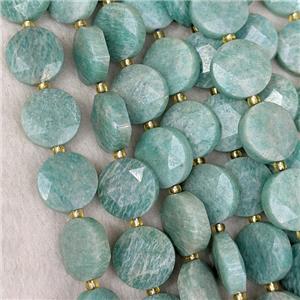 Natural Green Amazonite Coin Beads Faceted, approx 15mm