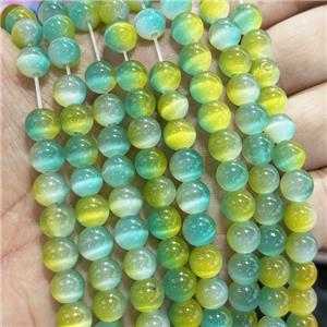 Cat Eye Round Beads Smooth Green Yellow Dye, approx 8mm dia