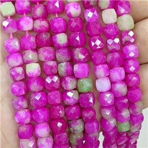 Hotpink Dye Jade Beads Faceted Cube, approx 7-8mm