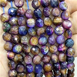 Tiger Eye Stone Beads Multicolor Dye Faceted Coin, approx 8mm