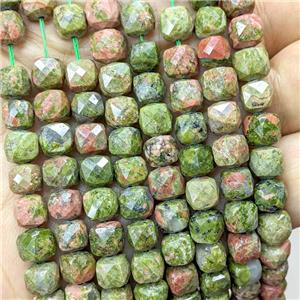 Natural Unakite Beads Faceted Cube Green, approx 6.5-8mm