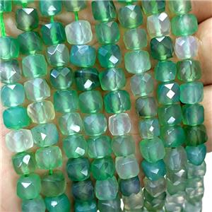 Natural Agate Beads Green Dye Faceted Cube, approx 6-8mm