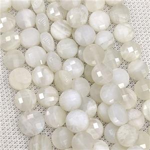 Natural White Moonstone Button Beads Faceted Coin, approx 8mm