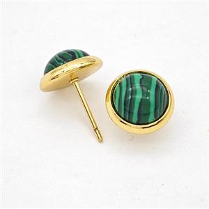 Green Synthetic Malachite Stud Earrings Copper Gold Plated, approx 10mm
