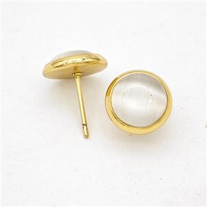 White Cateye Stone Stud Earrings Copper Gold Plated, approx 10mm