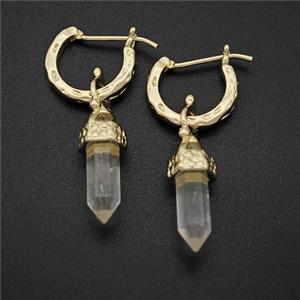 Copper Leaveback Earrings With Clear Crystal Quartz Gold Plated, approx 4-20mm, 14mm dia
