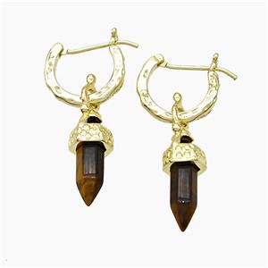 Copper Leaveback Earrings With Tiger Eye Stone Gold Plated, approx 4-20mm, 14mm dia