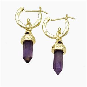 Copper Leaveback Earrings With Amethyst Gold Plated, approx 4-20mm, 14mm dia