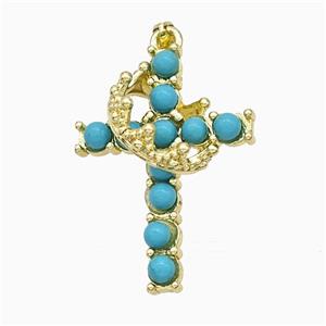 Copper Crown Cross Pendant Pave Blue Synthetic Turquoise Gold Plated, approx 20-25mm