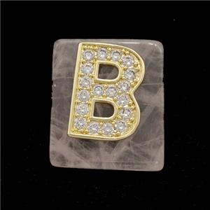 Rose Quartz Square Pendant With Copper Letter-B Pave Zirconia Gold Plated, approx 18mm