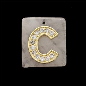Rose Quartz Square Pendant With Copper Letter-C Pave Zirconia Gold Plated, approx 18mm