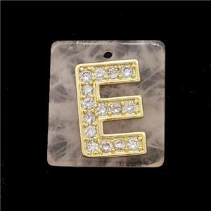 Rose Quartz Square Pendant With Copper Letter-E Pave Zirconia Gold Plated, approx 18mm