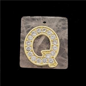 Rose Quartz Square Pendant With Copper Letter-Q Pave Zirconia Gold Plated, approx 18mm