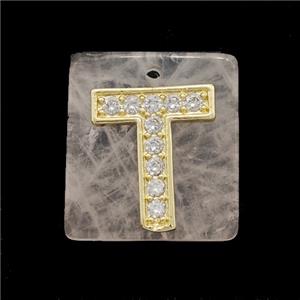 Rose Quartz Square Pendant With Copper Letter-T Pave Zirconia Gold Plated, approx 18mm
