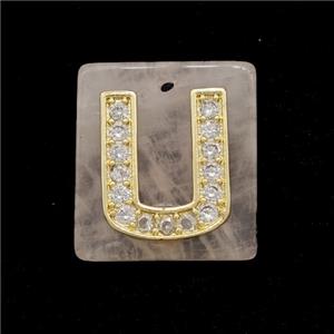 Rose Quartz Square Pendant With Copper Letter-U Pave Zirconia Gold Plated, approx 18mm