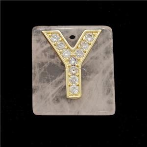 Rose Quartz Square Pendant With Copper Letter-Y Pave Zirconia Gold Plated, approx 18mm