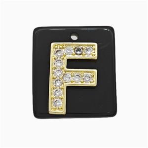 Black Obsidian Square Pendant With Copper Letter-F Pave Zirconia Gold Plated, approx 18mm