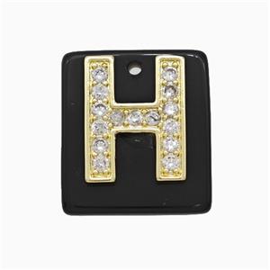 Black Obsidian Square Pendant With Copper Letter-H Pave Zirconia Gold Plated, approx 18mm