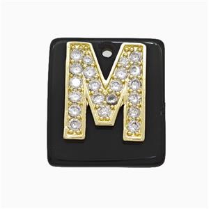 Black Obsidian Square Pendant With Copper Letter-M Pave Zirconia Gold Plated, approx 18mm