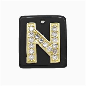 Black Obsidian Square Pendant With Copper Letter-N Pave Zirconia Gold Plated, approx 18mm