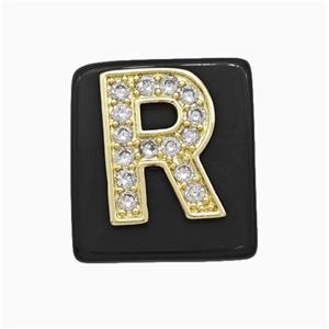 Black Obsidian Square Pendant With Copper Letter-R Pave Zirconia Gold Plated, approx 18mm