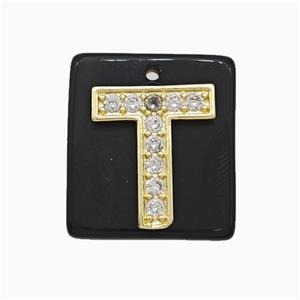Black Obsidian Square Pendant With Copper Letter-T Pave Zirconia Gold Plated, approx 18mm