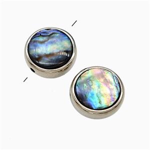 Abalone Shell Coin Button Beads Platinum Plated, approx 15mm dia