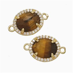 Tiger Eye Stone Oval Connector Copper Pave Zirconia Gold Plated, approx 11-13mm