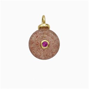 Strawberry Quartz Coin Pendant Pave Zirconia, approx 10mm