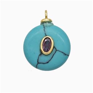 Blue Dye Howlite Turquoise Coin Pendant Pave Zirconia, approx 16mm
