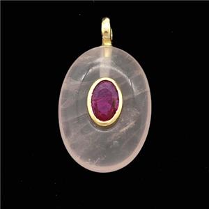 Rose Quartz Oval Pendant Pave Zirconia, approx 13-18mm