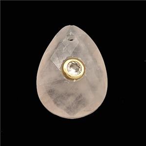 Pink Rose Quartz Teardrop Pendant Pave Zirconia, approx 13-18mm