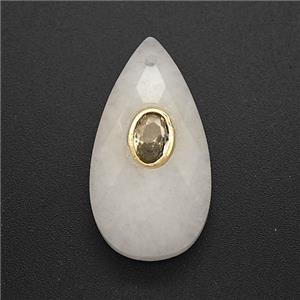 White Dye Jade Teardrop Pendant Pave Zirconia Faceted, approx 13-25mm